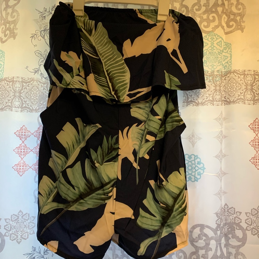 tropical print strapless romper